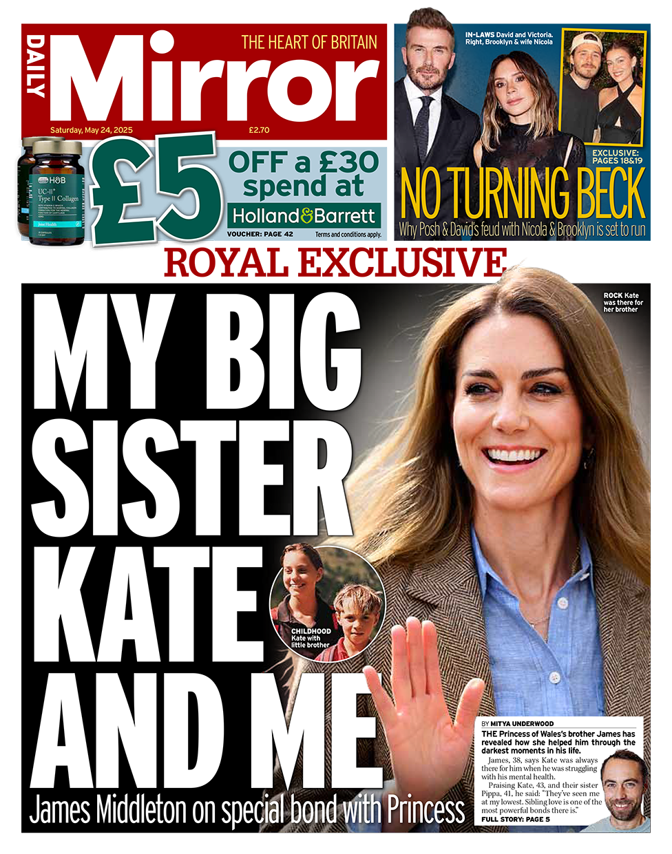 Daily Mirror front page, with picture of smiling Kate Middleton and headline "My Big Sister Kate and Me".