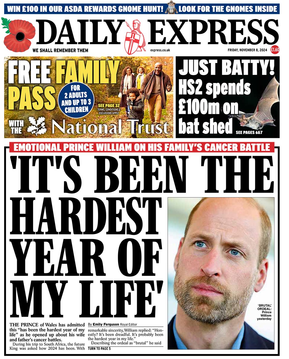 The headline on the front page of the Daily Express shows a photo of the Prince of Wales and reads: "It's been the hardest year of my life"