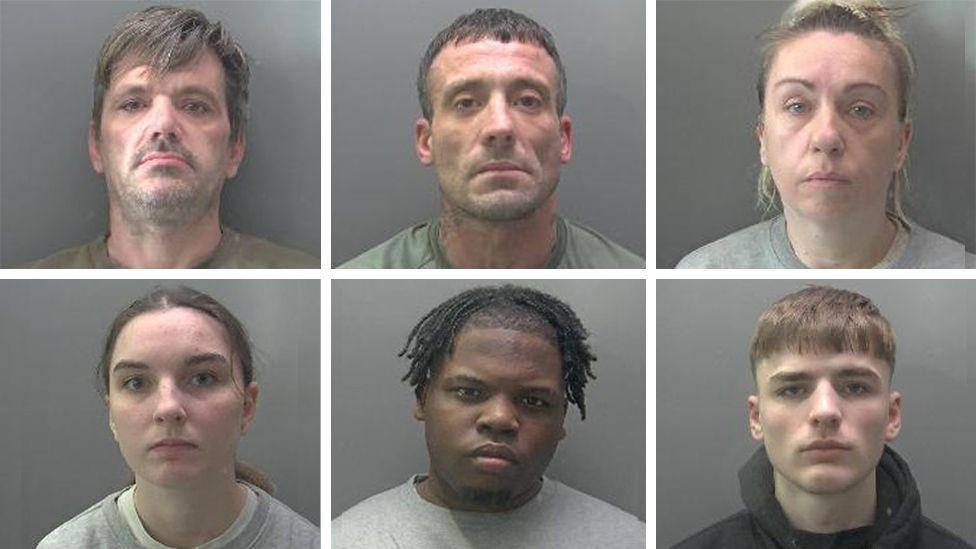 A composite image shows custody shots of four men and three women.