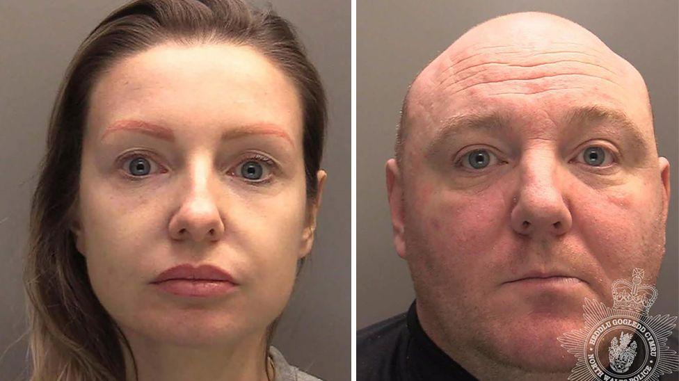 Police mugshots of Kerri Pegg and Anthony Saunderson side-by-side.