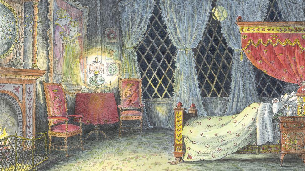 A painting from an Angelina Ballerina book shows a white mouse tucked up in an ornate bed with a red and yellow awning across the top. The pastel image shows a fireplace burning to one side and red chairs and a small table. There are long white curtains across a window and the moon can be seen in the sky