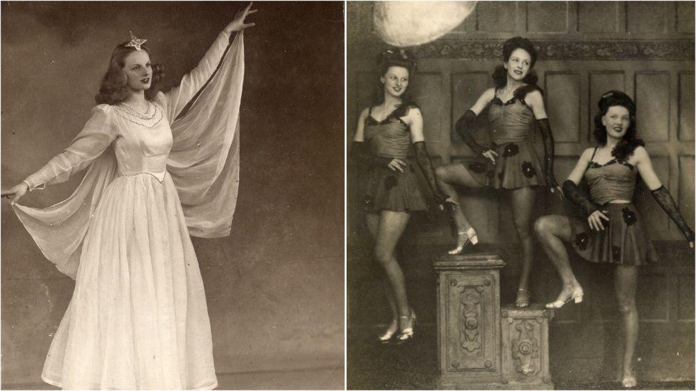 Two black and white images with Carol on her own in the left photo, dressed as a fairy queen with a long white dress and 'winged' style shawl. She has a silver star on her forehead and is standing with arms extended in a dance pose.
The right-hand picture is of Carol and two other women wearing black corset-style tops with black mini skirts. They are standing with one knee bent in a dance pose. They all have their hair style in a half up, half down do.