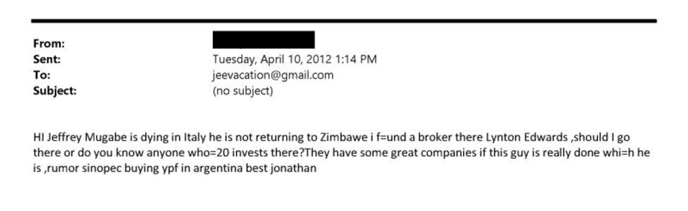 A screengrab of an email sent to Jeffrey Epstein in April 2012 alleging that Mugabe was on his death bed in Italy.