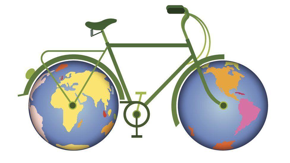 bicycle with globes in the wheels