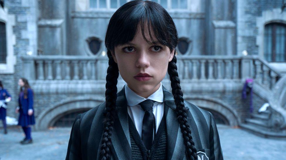 Jenna Ortega seen in Netflix's second season of Wednesday, wearing a Nevermore Academy uniform