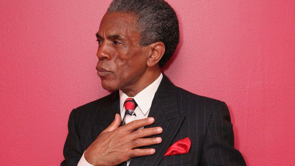 André De Shields, with streaks of grey hair, holds his hand against his charcoal pin-stripped jacket and tie. A red handkerchief pokes out of a pocket. He is pictured against a red wall.