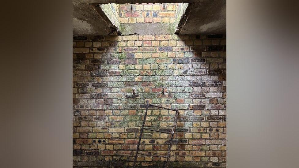 A brick wall inside a bunker with an escape hatch, leading to daylight. Below the hatch is an old metal ladder which is resting against the wall.