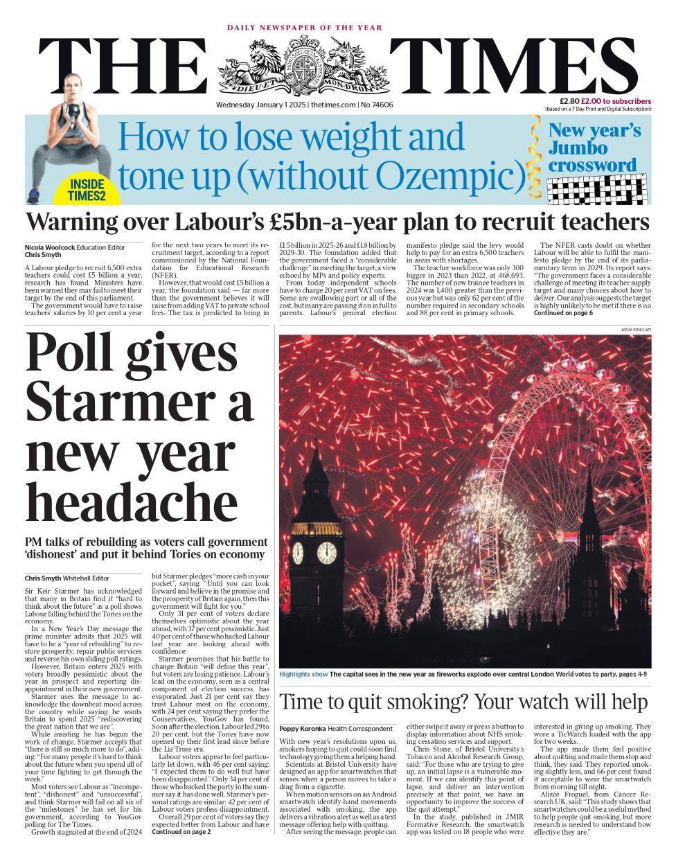 Poll gives Starmer a new year headache, reads the front of the Times