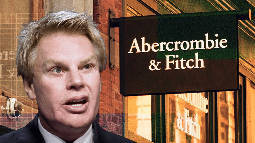 A composite image featuring Mike Jeffries, a man with blond hair and wearing a suit, against a backdrop of a storefront with the Abercrombie & Fitch logo
