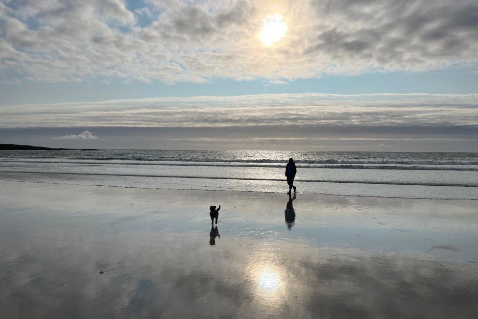 Woman and dog on beach silhouetted 