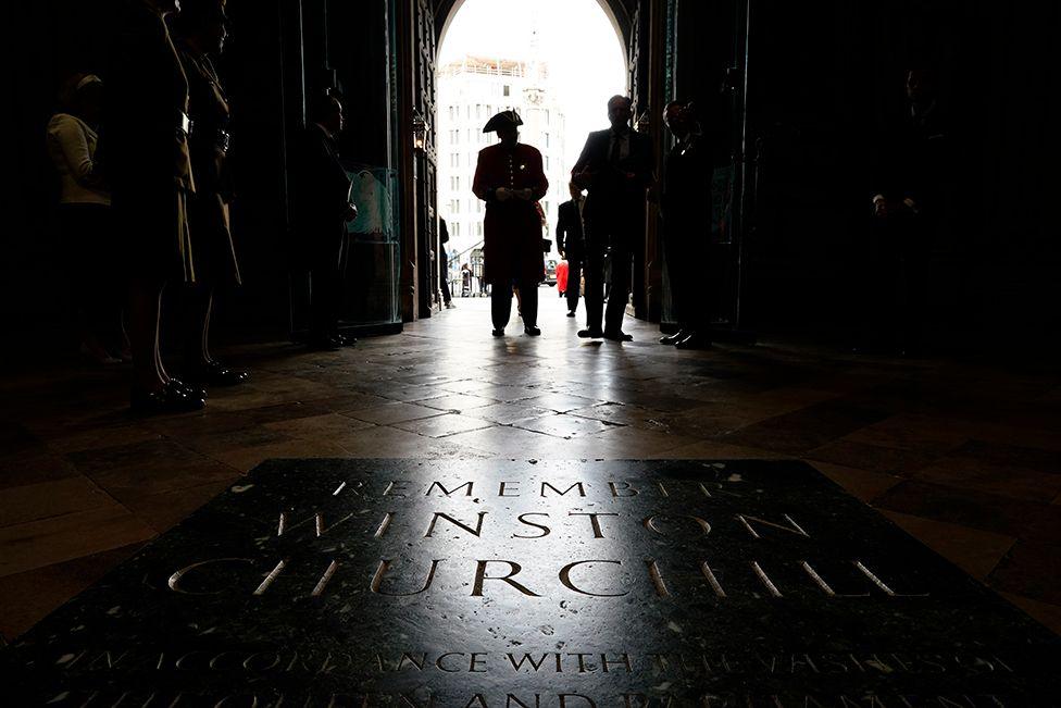 A view of the Sir Winston Churchill memorial plaque on the floor of Westminster Abbey in London, ahead of a Service of Thanksgiving on the 80th anniversary of VE Day on May 8, 2025 in London, England.
