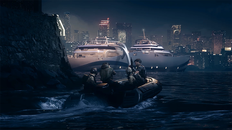 Screenshot shows a squad of four soldiers in a small boat approaching a large yacht. In the background, the nighttime skyline of a city lined by skyscrapers is visible.