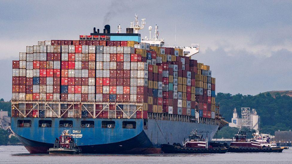 The large cargo ship the Dali moves from the Francis Scott Key Bridge