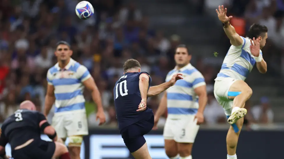 England fly-half George Ford kicks for goal in the Rugby World Cup game against Argentina on 9 September 2023