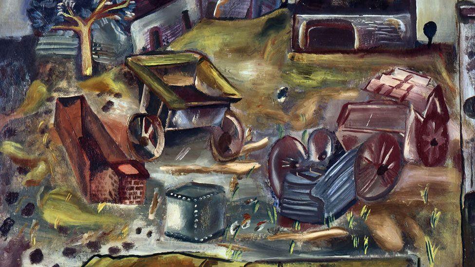 A painting by France Hodgkins called Quarry Farm, Wiltshire, and painted in 1937. It shows a loose 