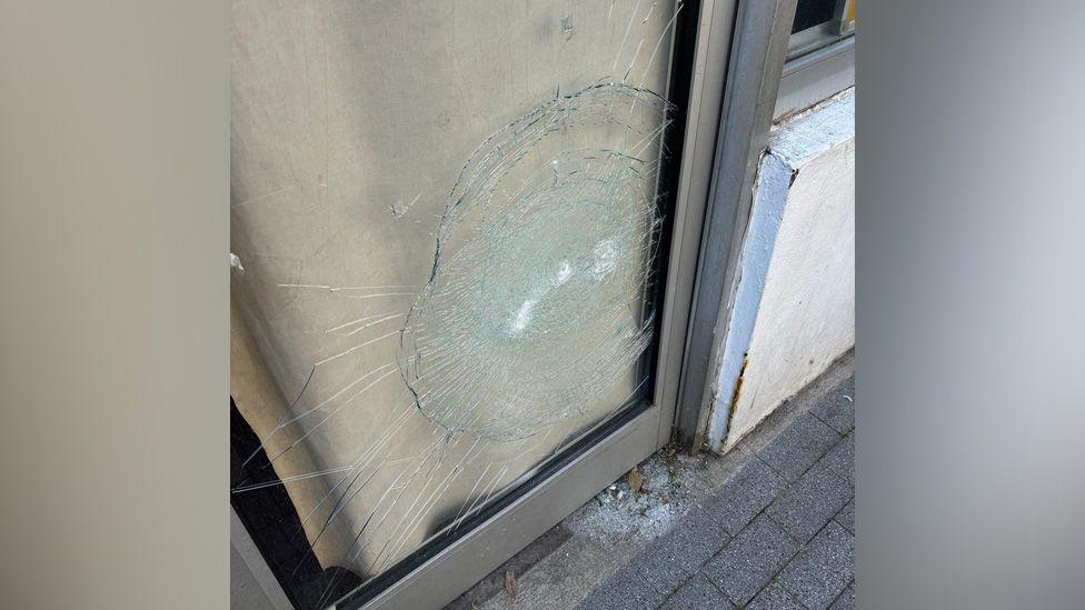 The smashed door of Stella Creasy's office