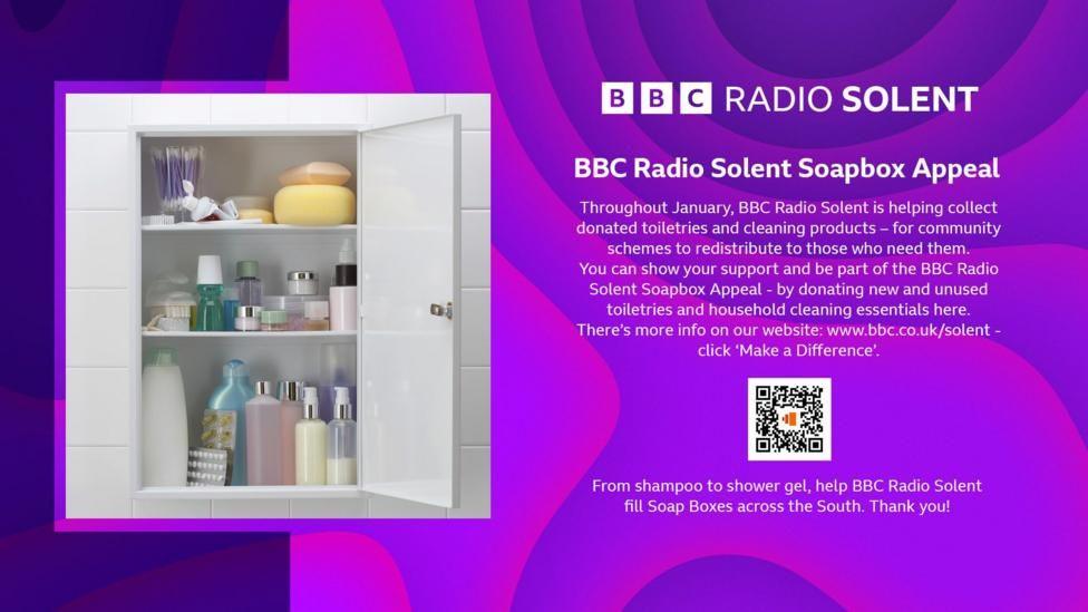 A graphic with details of the BBC Radio Solent Soapbox Appeal including a picture of a bathroom cabinet and a QR code.