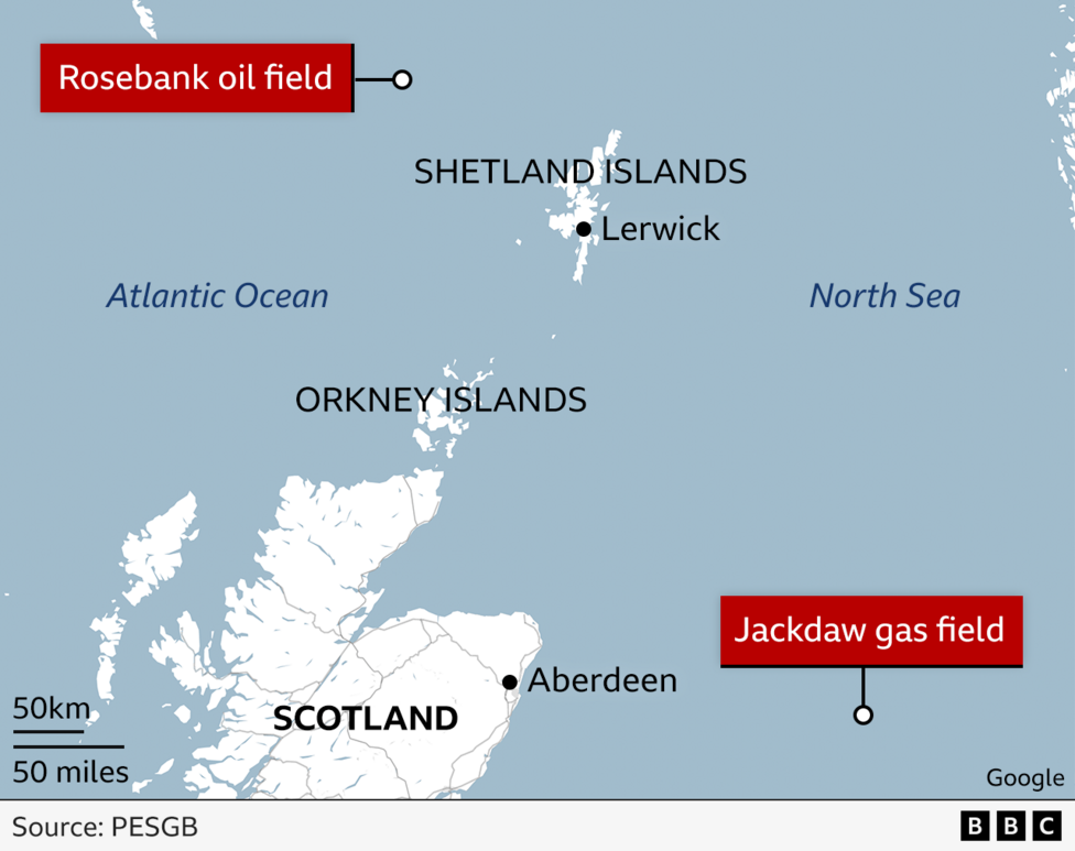 Map showing Rosebank and Jackdaw sites off the coast of Scotland.