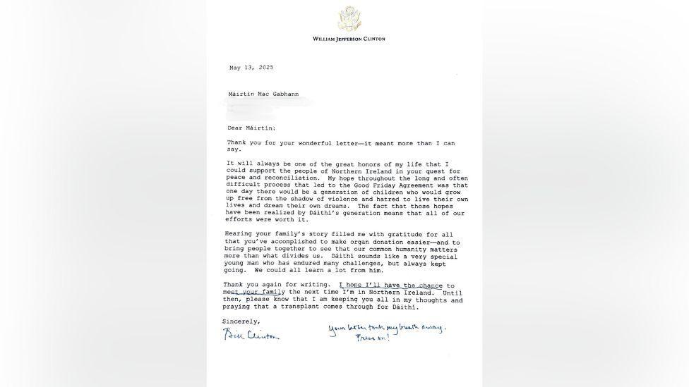 Letter sent from President Clinton to Máirtín Mac Gabhann, signed by the President.