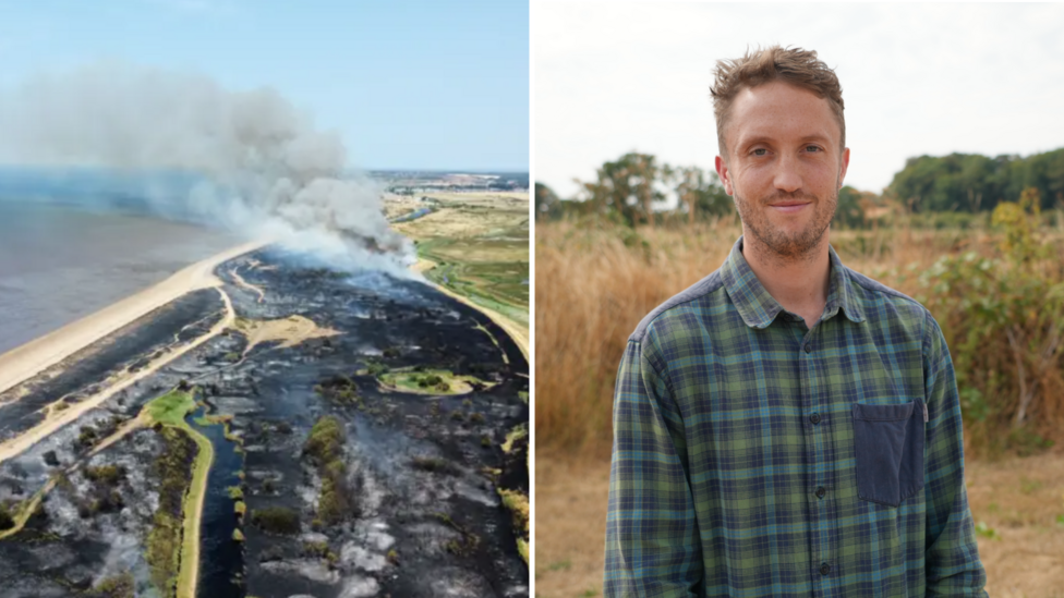 A composite image. On the right, a large area of land is completely scorched and blackened, with smoke rising from it. Unburnt land can be seen in the distance, and the sea. On the left, a man with light coloured hair and a short beard, wearing a green and blue checked shirt, stands in front of an area of long grass, with trees behind him.