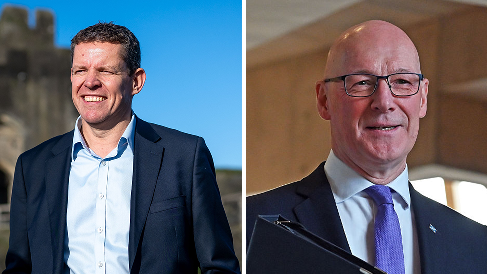 A composite picture of John Swinney holding a folder and Rhun ap Iorwerth standing in front of Caerphilly castle. They are both wearing suits and smiling. 