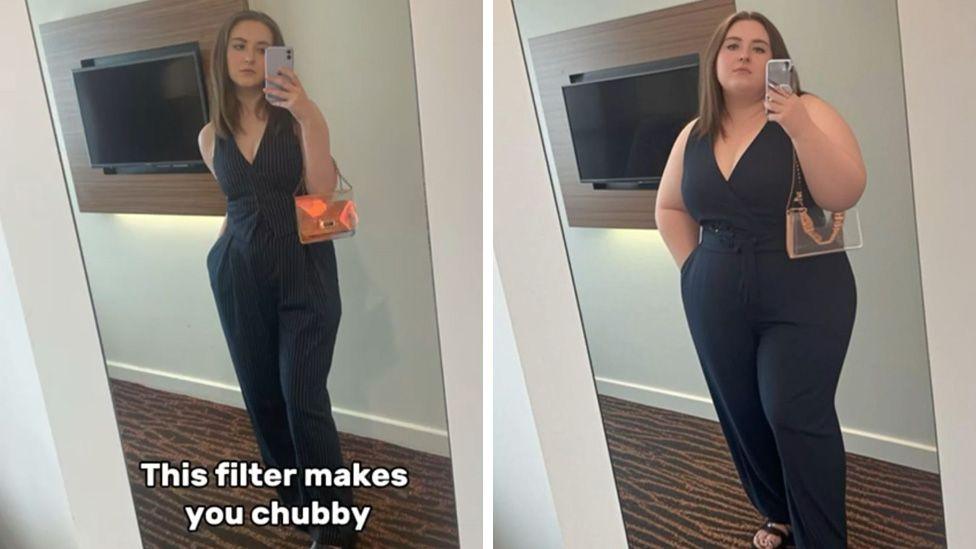 On the left, a woman wearing a black jumpsuit and sandals takes a selfie in a mirror. On the right, the same woman after the filter had been applied. 