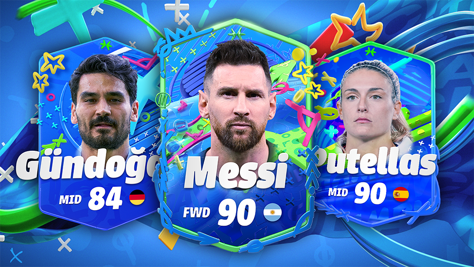 Three shields featuring a photo of football players İlkay Gündoğan, Lionel Messi and Alexia Putellas, against  a colourful background. On each shield the player's surname, position, and an overall stat rating is show in large white characters alongside their country's flag.