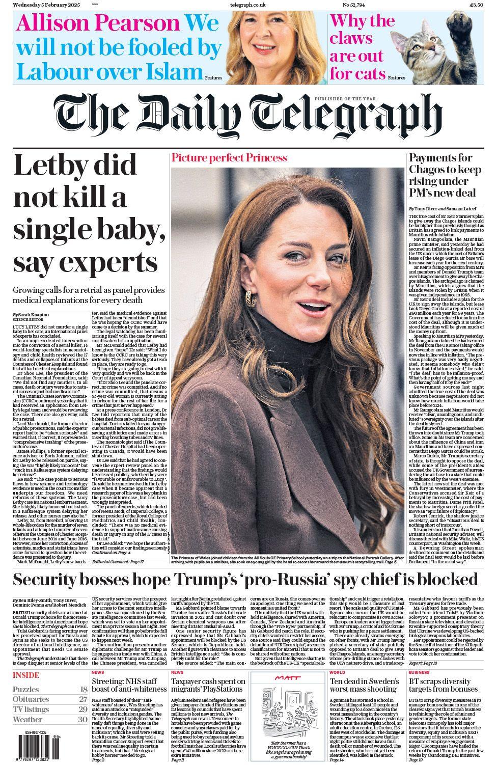 Daily Telegraph front page with the headline: Letby did not kill a single baby, say experts. There is a picture of the Princess of Wales