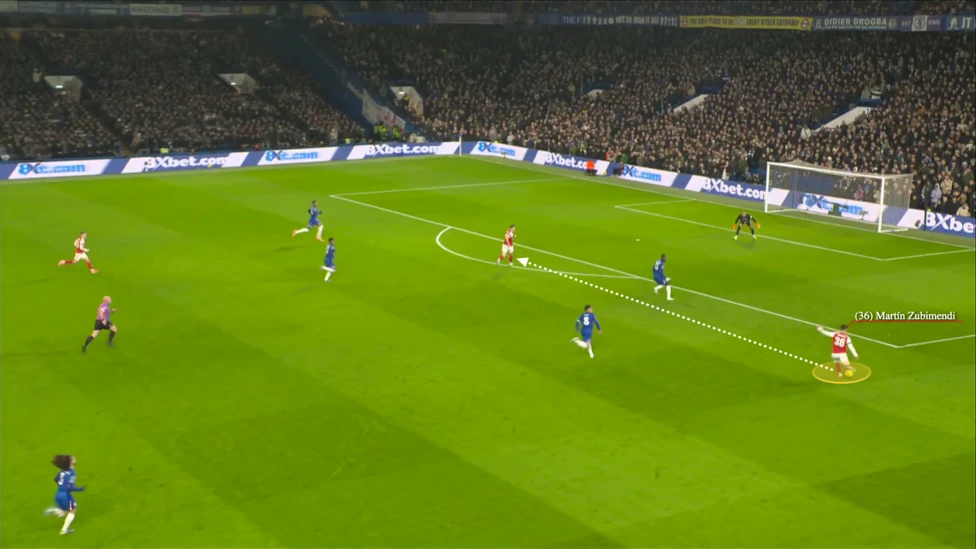 Screengrab showing Martin Zubimendi playing a cross for Viktor Gyokeres, after moving into the right wing position following rotation with Bukayo Saka, against Chelsea
