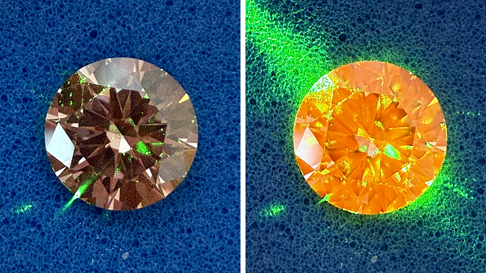 Composite image showing two diamonds under laser light on a blue surface
