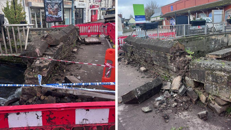 A composite image showing two separate angles of the damaged bridge. On the left it shows white and blue police tape cornering off the dangerous area where bricks are crumbling into the river below. On the right the image shows the low bridge which has been driven into and bricks are scattered across the pavement.