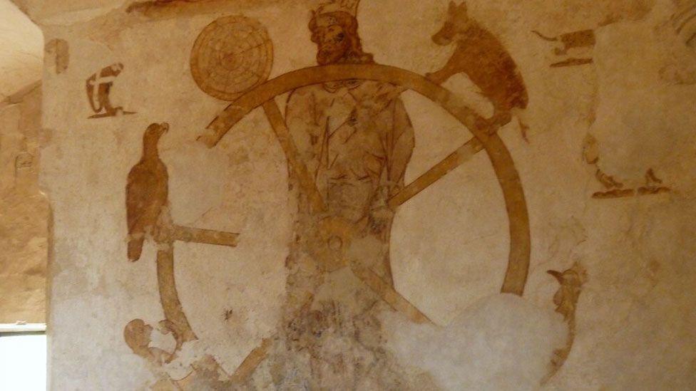 A medieval wall painting at Longthorpe Tower. It shows a wheel with a man wearing a crown in the middle and various animals on its circumference. They include a bird of prey and monkey on the left and a dog and another bird on the right. It is faded into brown sepia tones against a cream plaster wall.