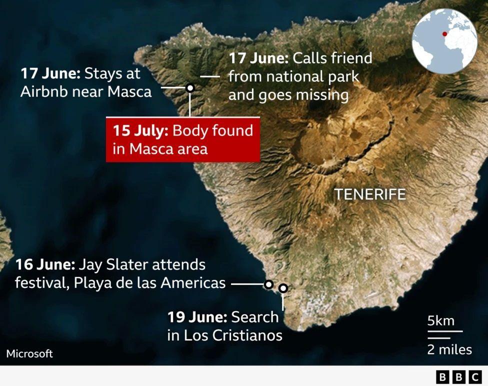 A map of Tenerife shows the area, in the north-west of the island, where Mr Slater's body was found. 