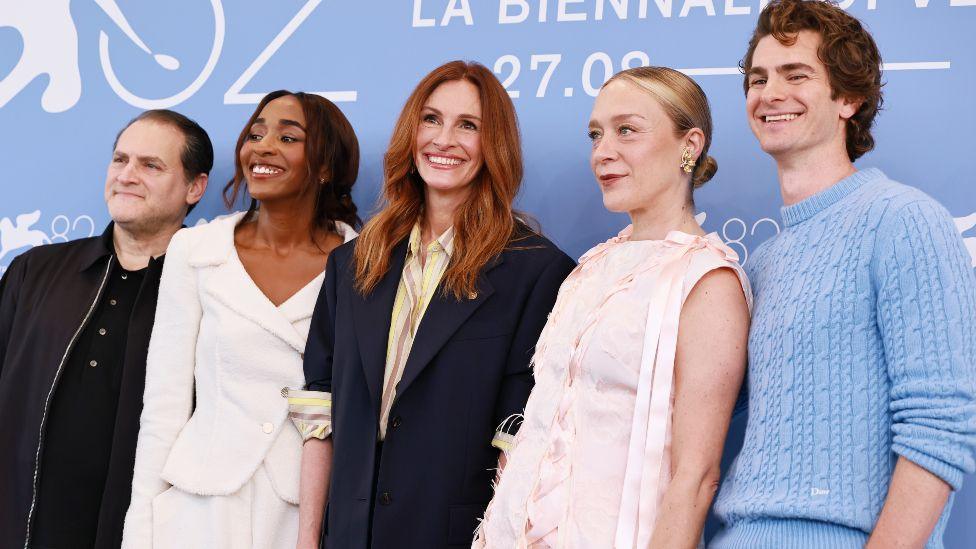 Michael Stuhlbarg, Ayo Edebiri, Julia Roberts, Chloë Sevigny and Andrew Garfield attend the "After The Hunt" photocall during the 82nd Venice International Film Festival on August 29, 2025 in Venice, Italy
