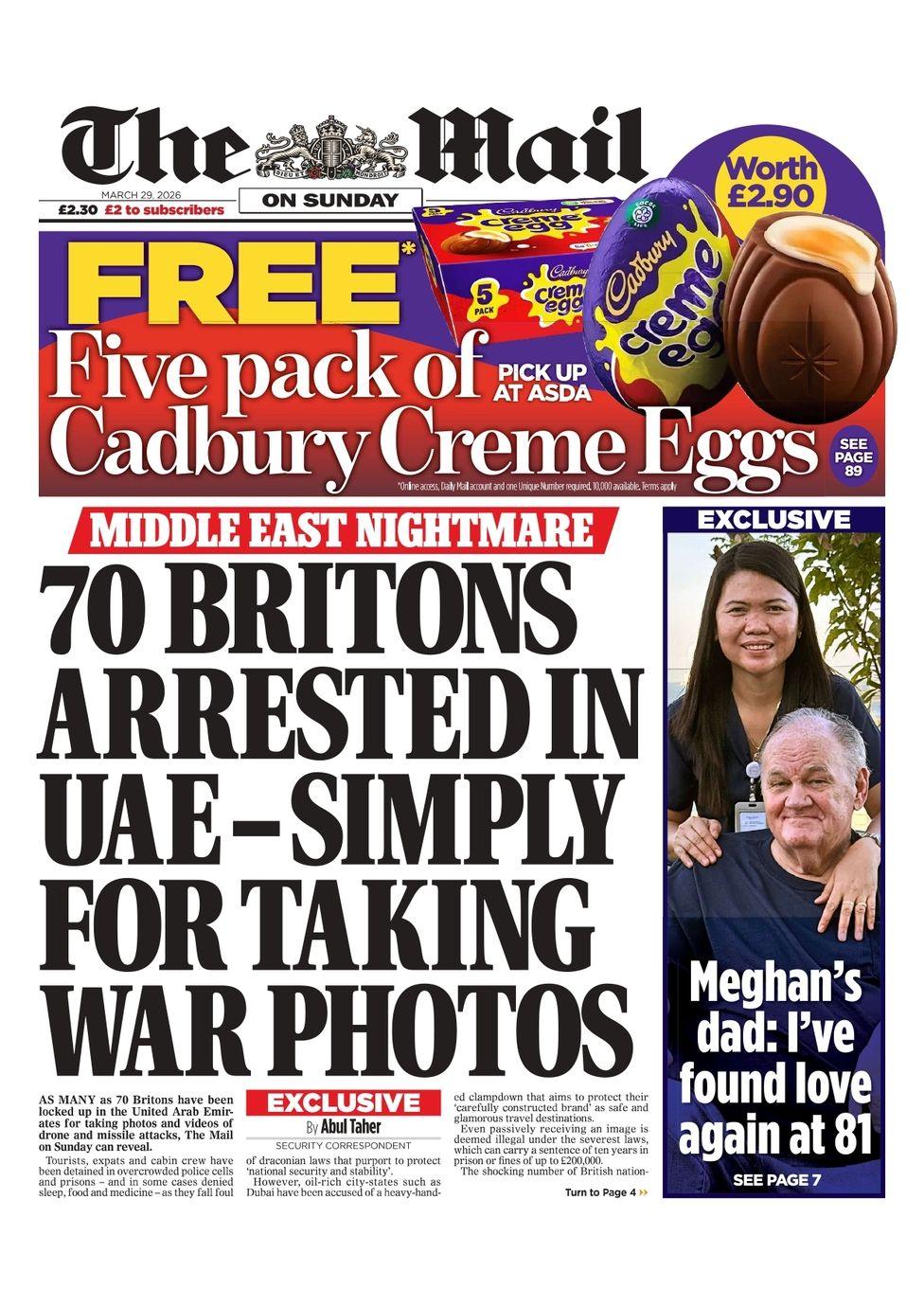 Titulli në faqen e parë të gazetës Mail on Sunday thotë: 70 britanikë të arrestuar në Emiratet e Bashkuara Arabe - thjesht sepse bënë foto lufte.