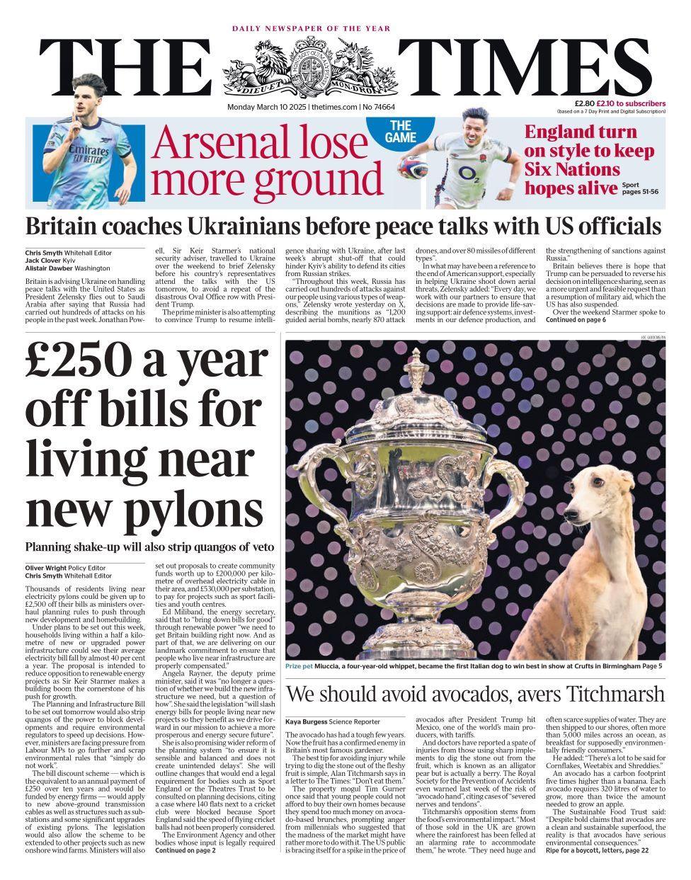 Front page of the Times for Monday 10 March 2025.