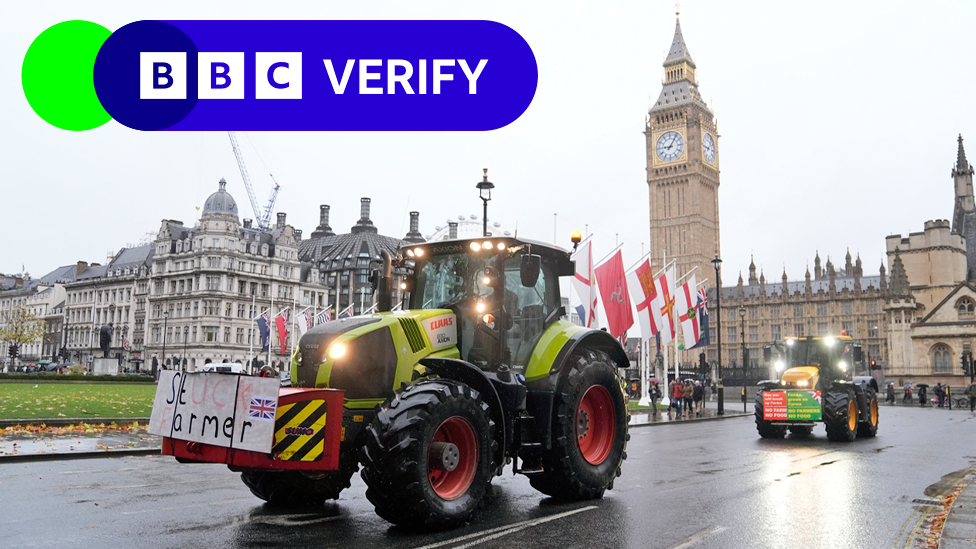 A tractor passes Parliament in London with a sign on front of it saying 'stuck farmer', with another tractor behind it driving down the street, and Big Ben in the background. Picture date 19 November.