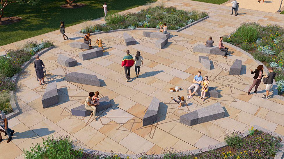 Artist impression of the circular seating area with people sat on the granite blocks on sand coloured paving surrounded by plants 