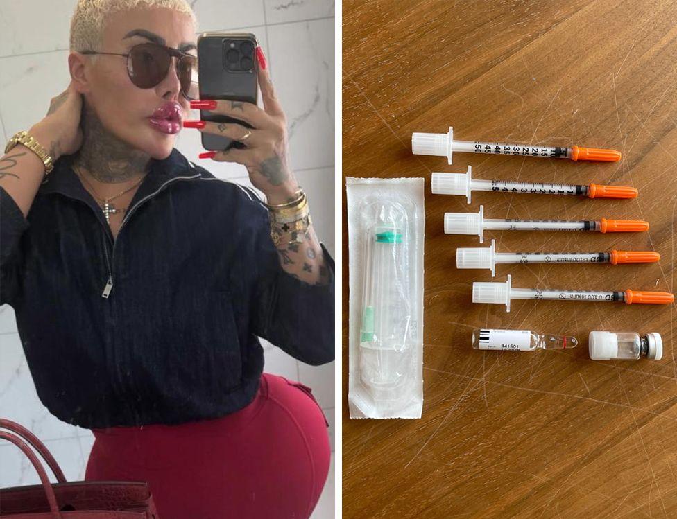 A composite image of a selfie photo of Jordan Parke wearing sunglasses, a black top and red leggings - e is holding his mobile phone and has gold jewellery and long red fingernails - and a photograph of the contents of the package which the BBC ordered from Mr Parke. Shows a small vial of white powder, a snap bottle of mixing agent and syringes.