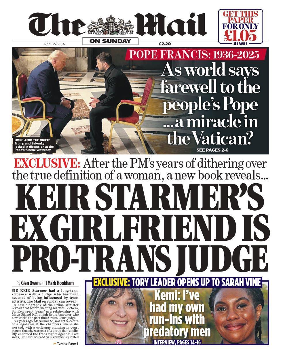 The front page of the Mail on Sunday newspaper. The headline reads: 'As world says farewell to the people's Pope...a miracle in the Vatican?'
