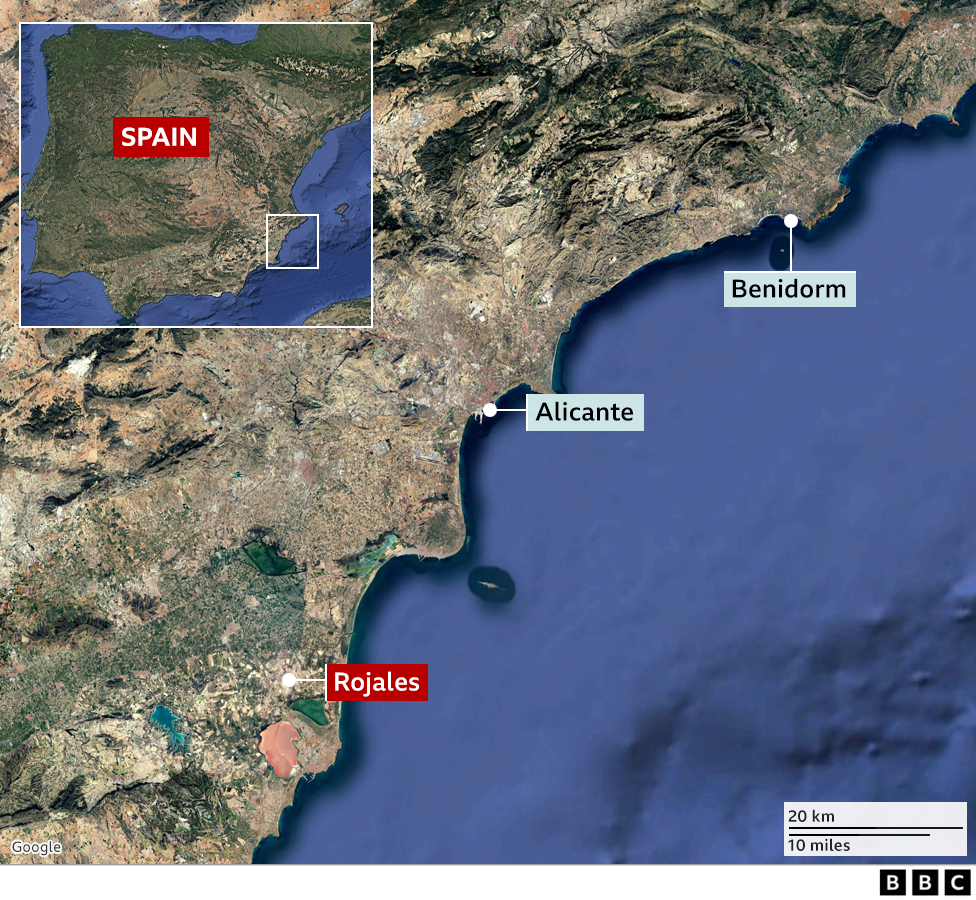 A map of the coast of Spain showing the locations of Benidorm, Alicante and Rojales