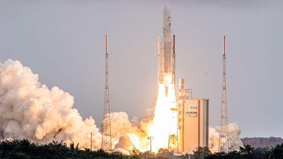 Ariane 5 rocket with NASAs James Webb Space Telescope onboard taking off on Christmas Day 2021 from the Guiana Space Centre in Kourou, French Guiana