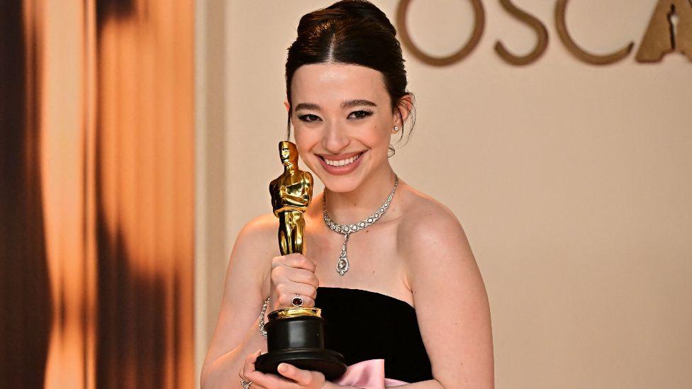 US actress Mikey Madison poses in the press room with the Oscar for Best Actress in a Leading Role for "Anora" during the 97th Annual Academy Awards at the Dolby Theatre in Hollywood, California on March 2, 2025