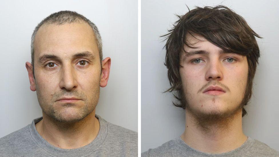 Mug shots of Antony Snook, 45, and Riley Tolliver, 18. They are both wearing grey t-shirts. 