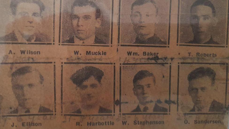 Sepia, blurry newspaper images of the headshots of the eight convicted men in two horizontal rows of four images each.