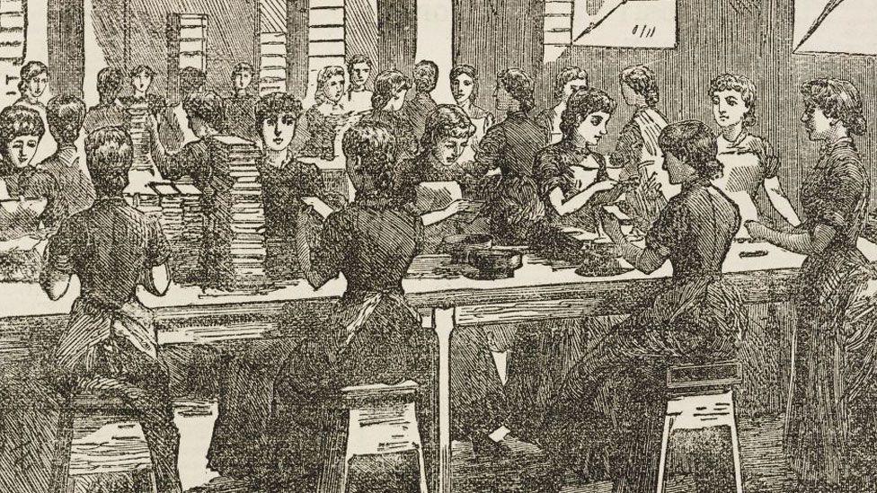 A black and white drawing of women working in Fry's Chocolate and Cocoa Manufactory, Bristol, in the 1880s