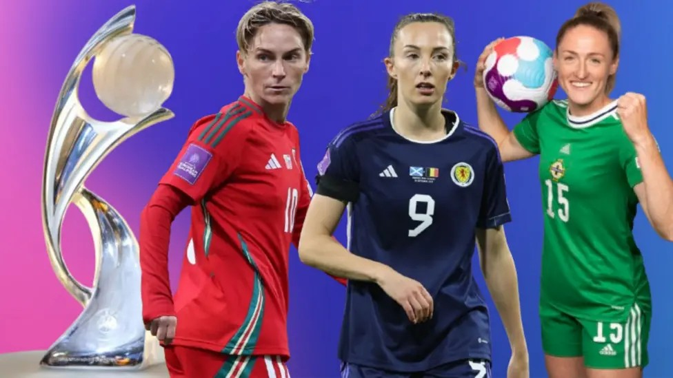 The image shows the European Championships trophy, alongside Wales' Jess Fishlock, Scotland's Caroline Weir and Northern Ireland's Rebecca Holloway.