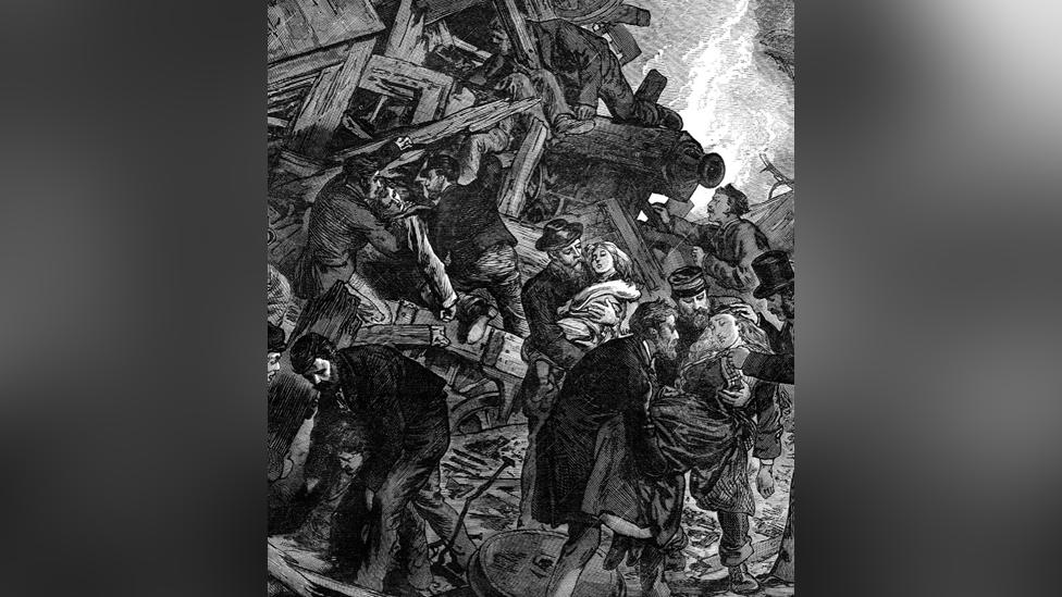 Etching from 1874 showing wreckage, rescuers and victims