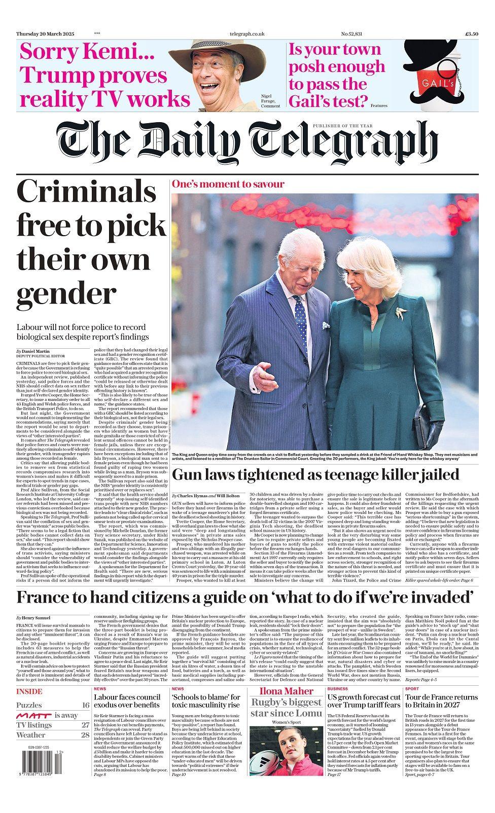 Front page of the Daily Telegraph for Thursday 20 March 2025.