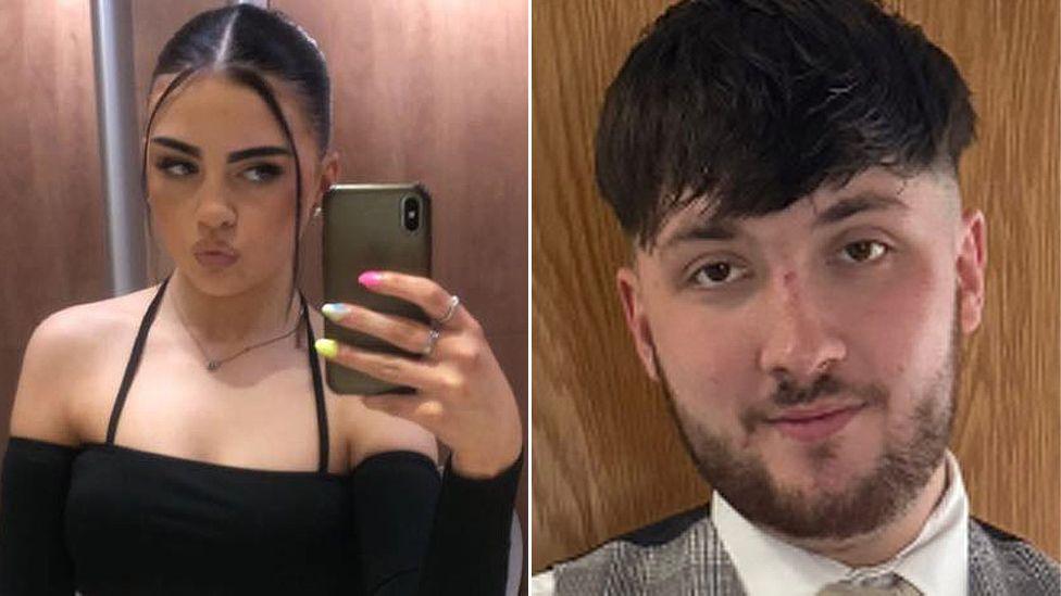 A selfie of Mia Keevan, she is holding her phone in her hand and is wearing a dark off-the-shoulder dress with a black strap around the neck and long sleeves. She has painted nails and black hair. In a separate image on the right hand side there is a close up photo of Trae Keenan, he has dark hair and a short dark beard and is looking at the camera. He is wearing a a grey checked waistcoat over a white shirt.